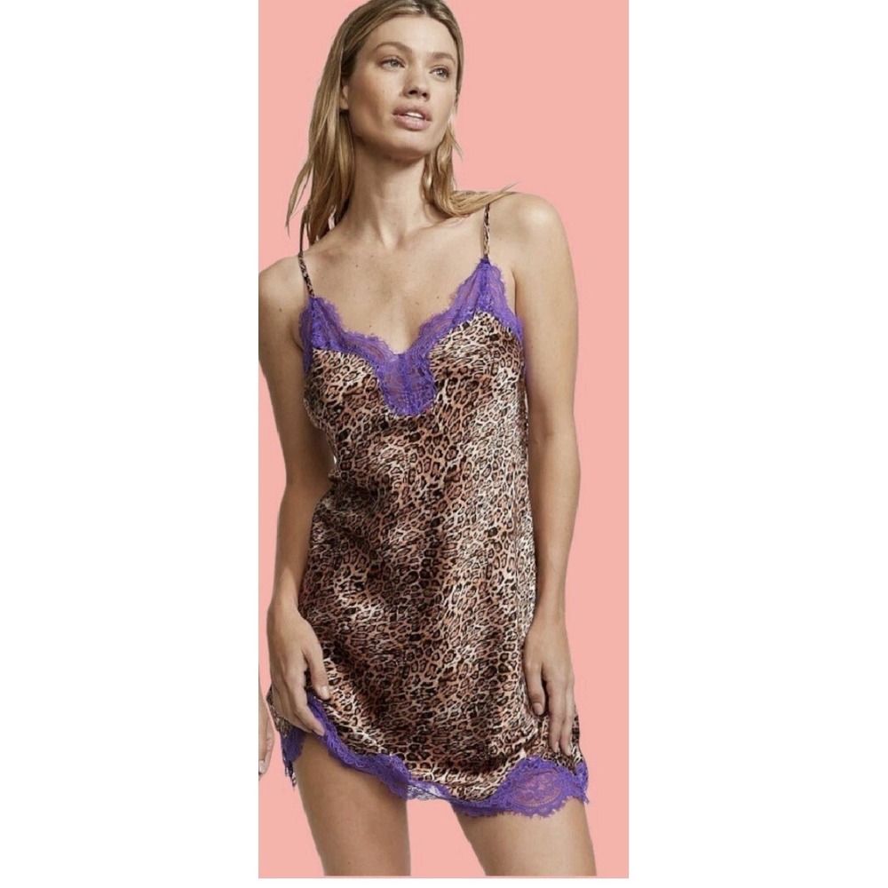 Victorias Secret Silk Leopard Purple Lace Mini Slip Dress Coquette Grunge Y2K L